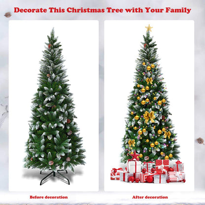 7.5FT Artificial Snow Flocked Pencil Christmas Tree Slim X-mas Tree with 720 Branch Tips