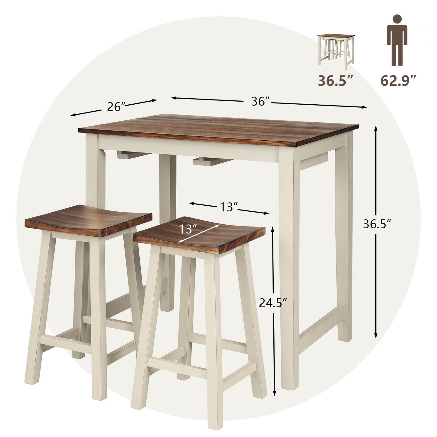 3 Pieces Dining Set Counter Height Pub Table Set
