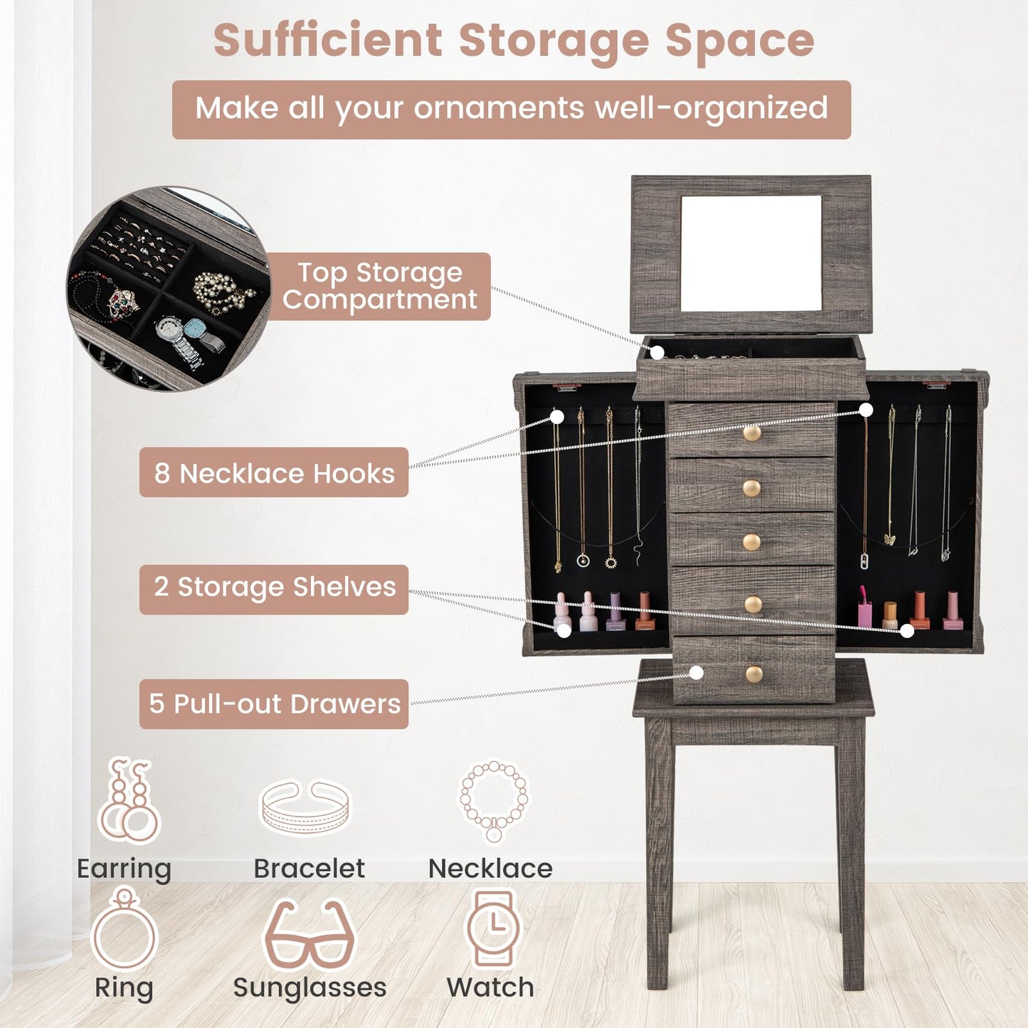Wooden Jewelry Storage Chest with 5 Drawers for Women
