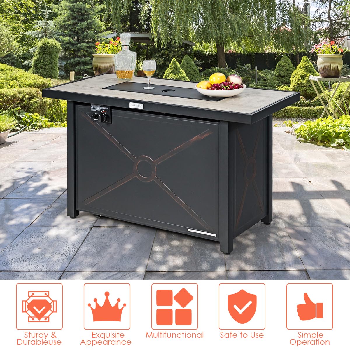 60,000 BTU Outdoor Rectangle Gas Fire Table W/Ceramic Tabletop
