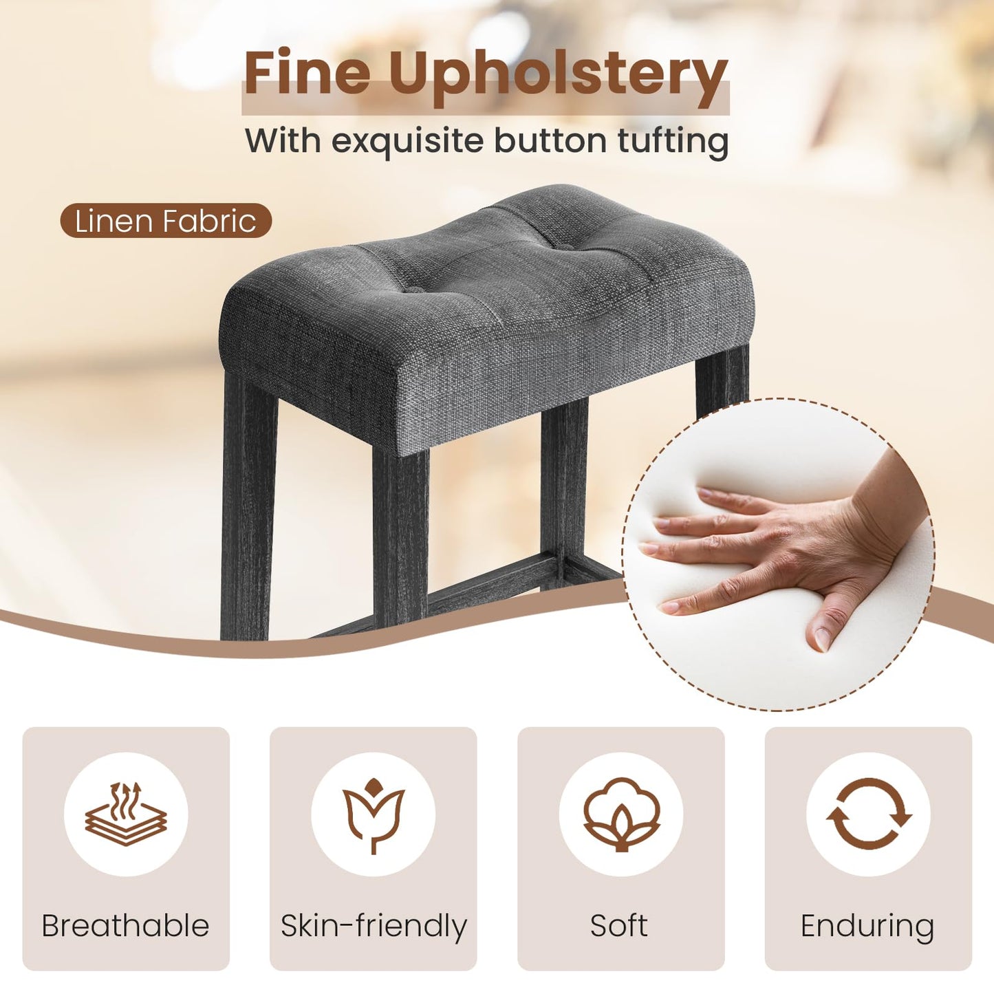 Wooden Saddle Stools Set 24-inch Counter Height Upholstered Backless Bar Stools with Solid Rubber Wood Legs