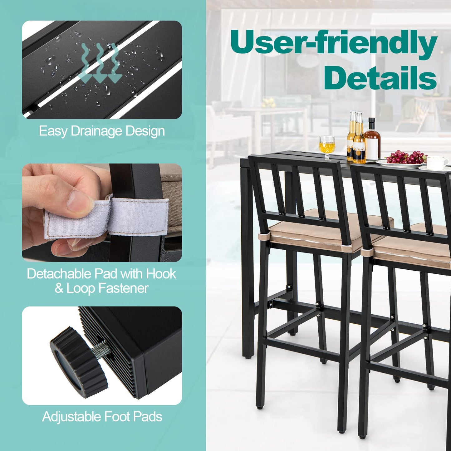 3 Piece Outdoor Patio Bar Set 55"/48" Rectangular Pub Height High Top Bar Table with 2 Cushioned Bar Stools