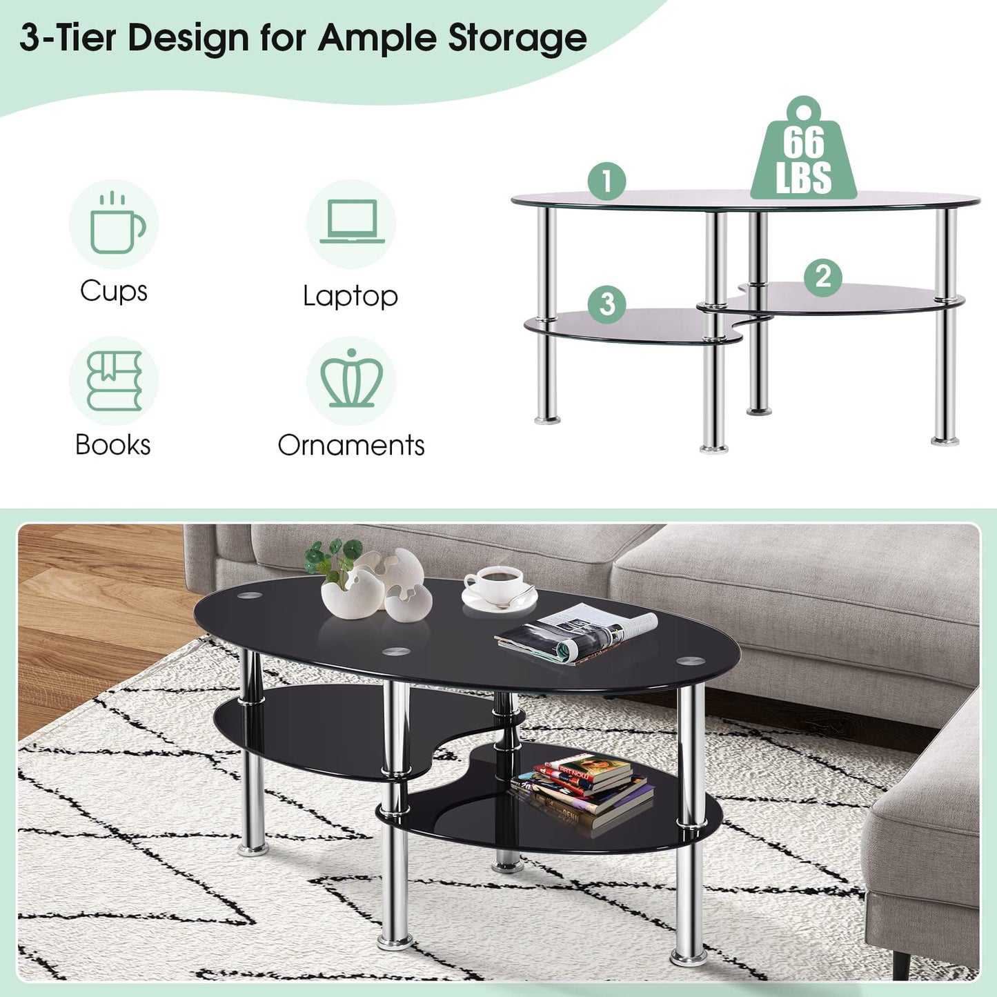 Glass Coffee Table 3-Tier Sofa End Table