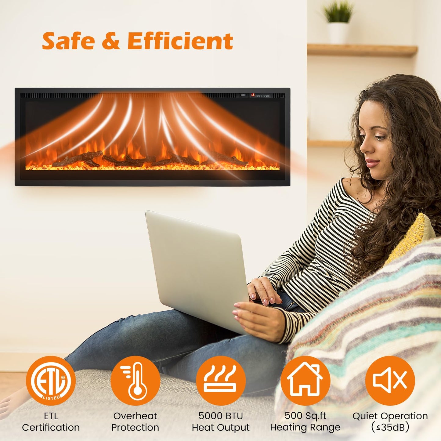 Electric Fireplace 50 Inch Wide with Crystal Decor and Log