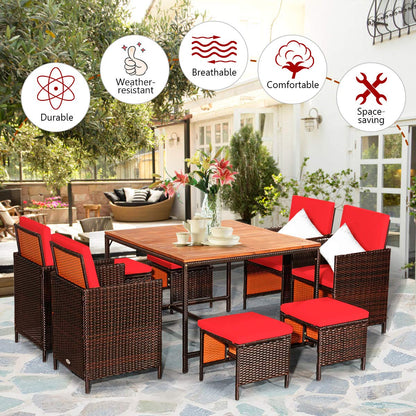 9PCS Patio Rattan Dining Set with Ottomans for Backyard Garden