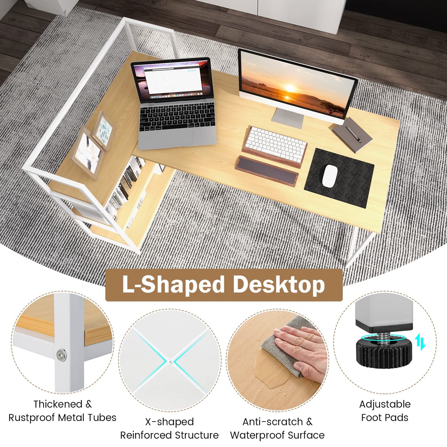 59 Inch L-Shaped Computer Desk with Open Storage Shelves