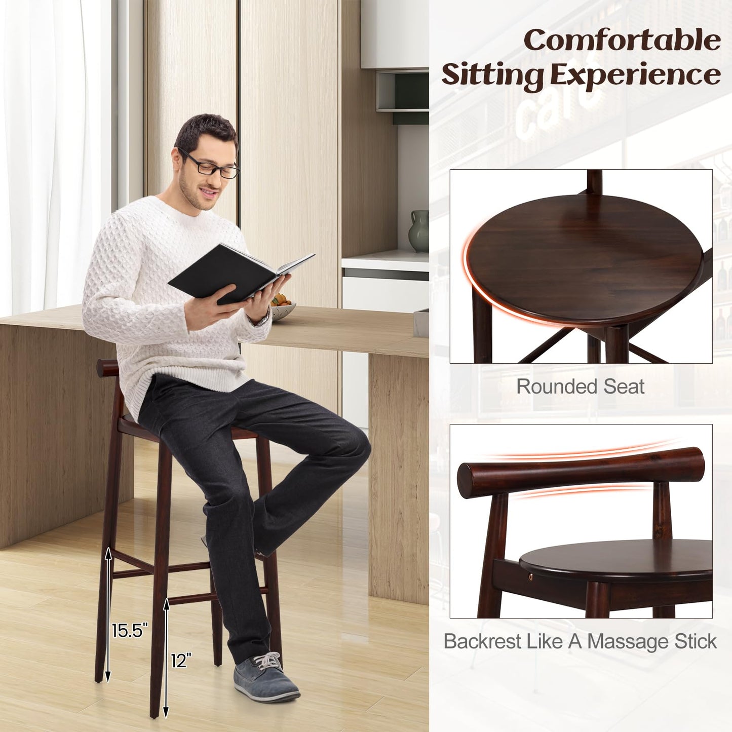 Bar Chair Set of 2/4 Bar Height Stools Set w/Acacia Wood Frame