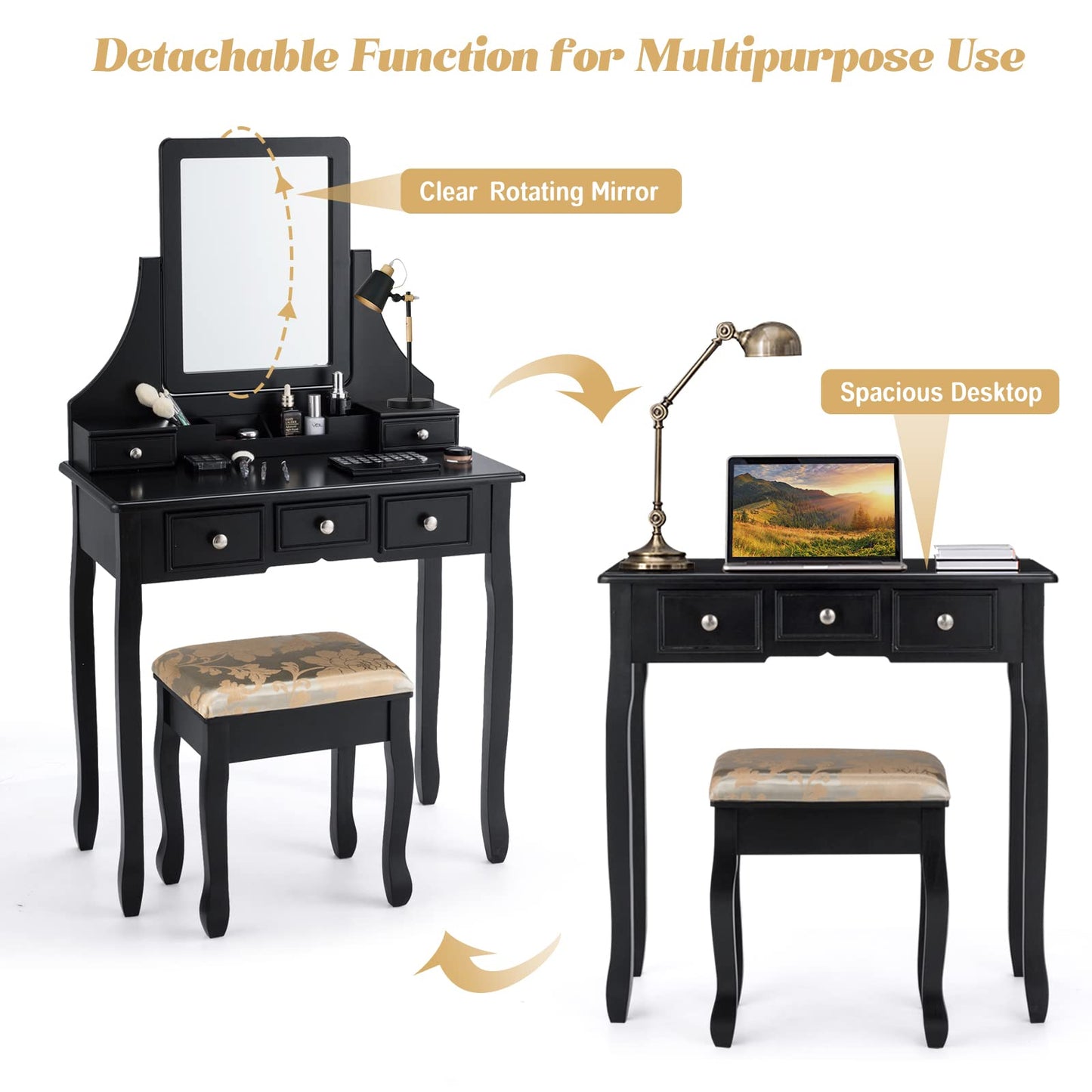 Vanity Desk and Cushioned Stool Set with 5 Storage Drawers