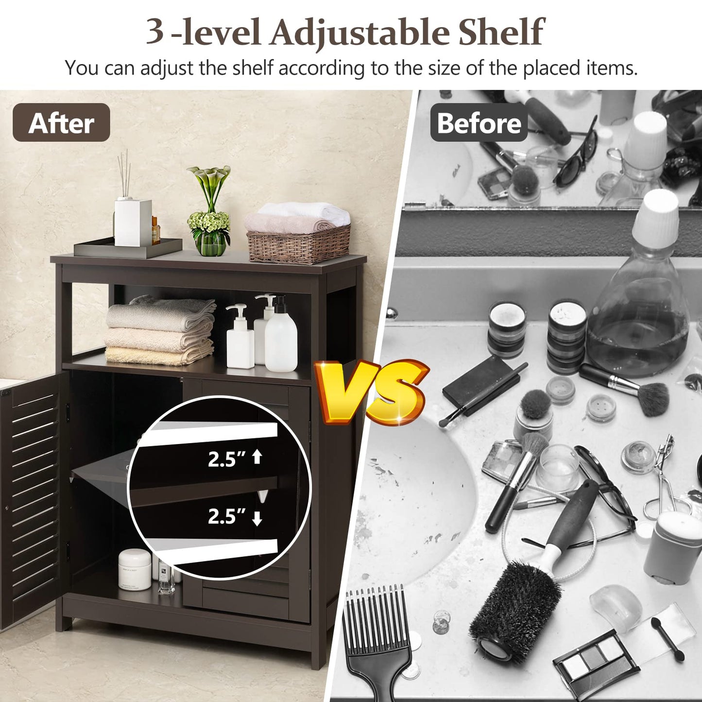 Wooden Side Storage Organizer with Louver Doors & Removable Shelf