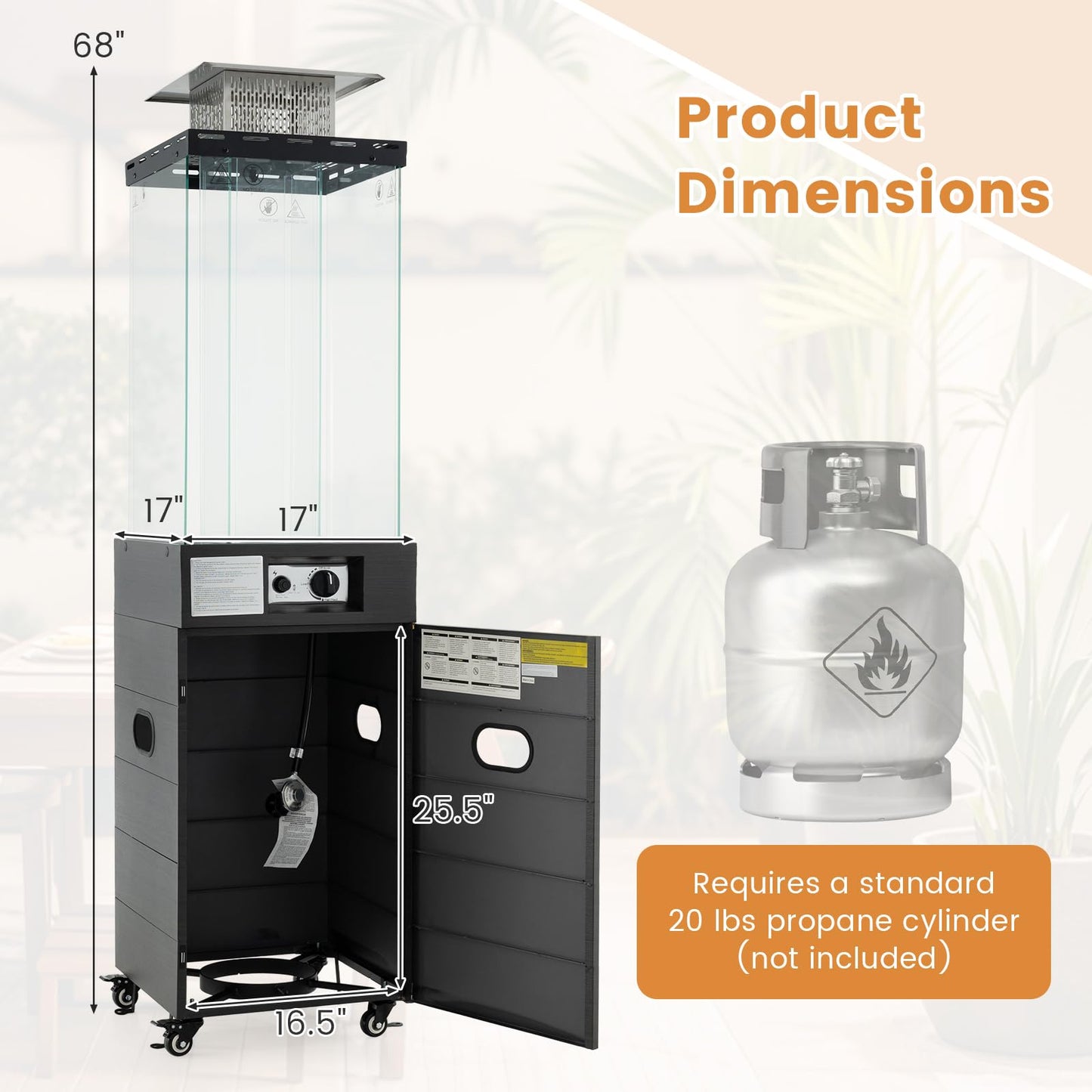 40,000 BTU Square Patio Propane Heater with Tempered Glass Tube