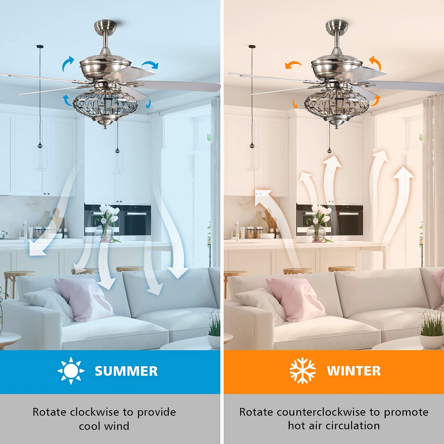52Inch Ceiling Fan Light, Ceiling Fan with Light and Remote Control, Reversible Fan Blades
