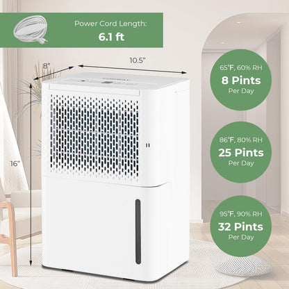 Dehumidifier for Basement, 2000 Sq. Ft 32 Pint Quiet & Energy Efficient Dehumidifier w/Continuous/Drying/Auto Mode