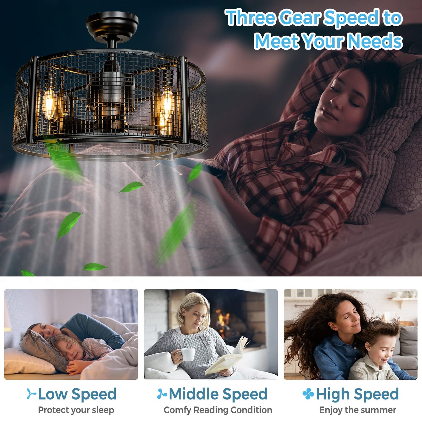 Caged Ceiling Fan with Light, 20 Inch Ceiling Fan Lights with Remote Control, Reversible Motor (No Bulb)