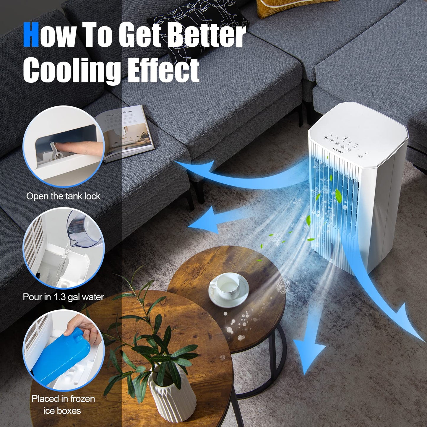 Evaporative Air Cooler, Portable Swamp Cooler with Remote Control, 2 Ice Packs, 15H Timer, 1.3 Gal Water Tank