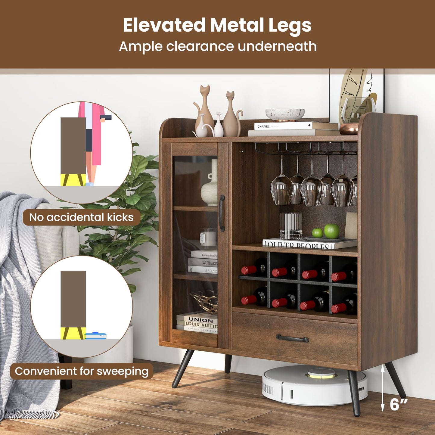 Wine Storage Cabinet with 3 Row Wineglass Holder for Dining Room & Living Room