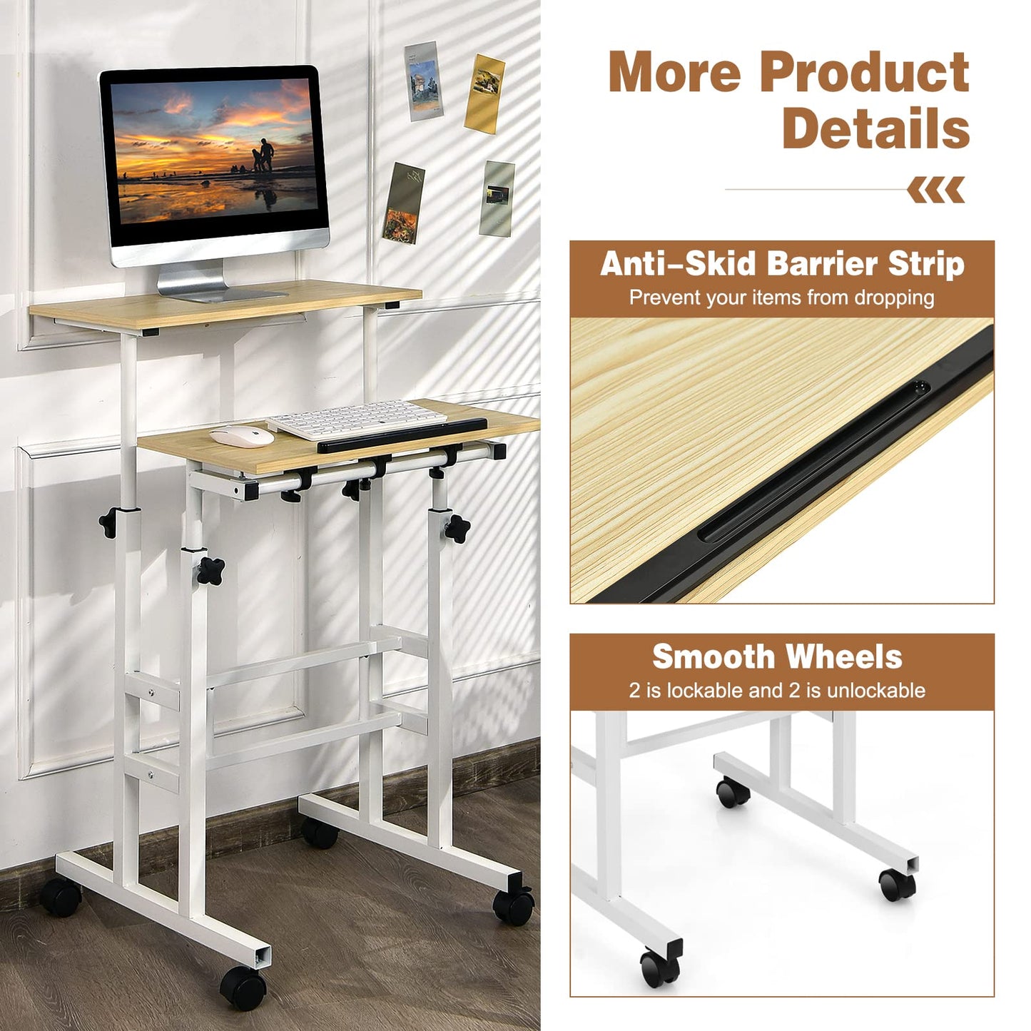 Height Adjustable Rolling Laptop Cart w/Tilting Desktop for Standing or Sitting