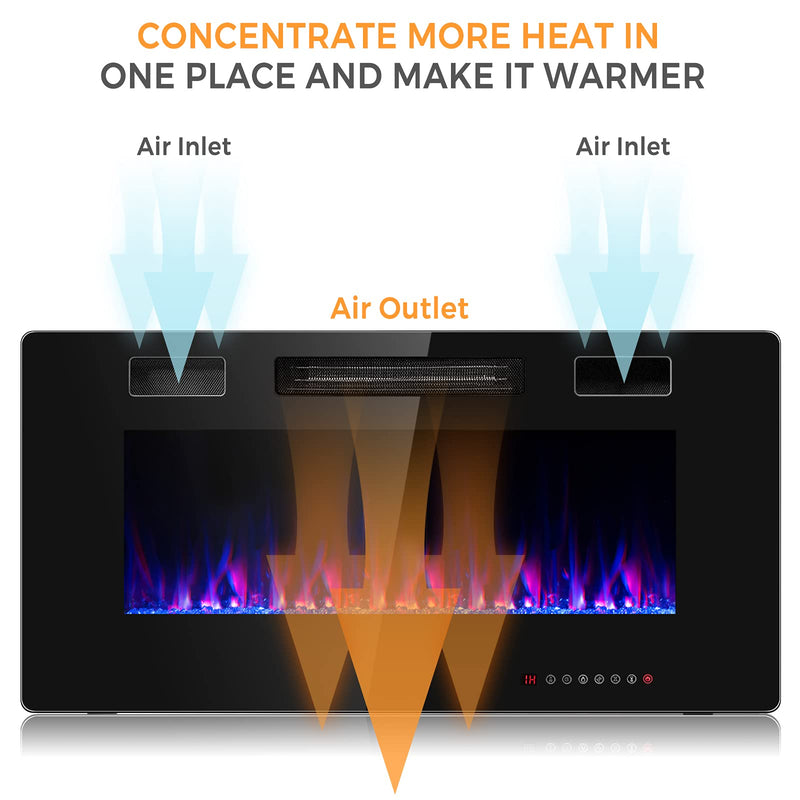 36-Inch Electric Fireplace Insert 750W/1500W Wall Recessed and Mounted Fireplace