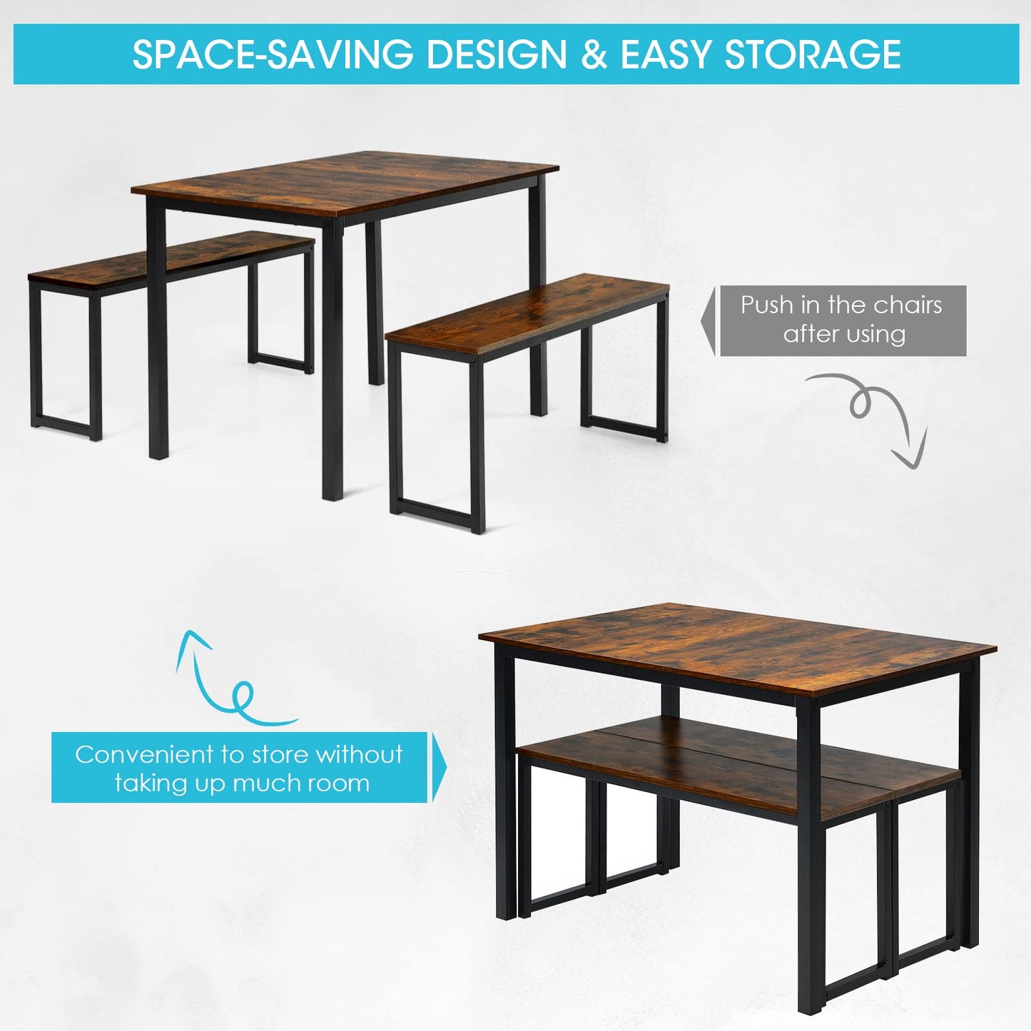 3 PCS Dining Table Set for 4 with 2 Benches for Dining Room