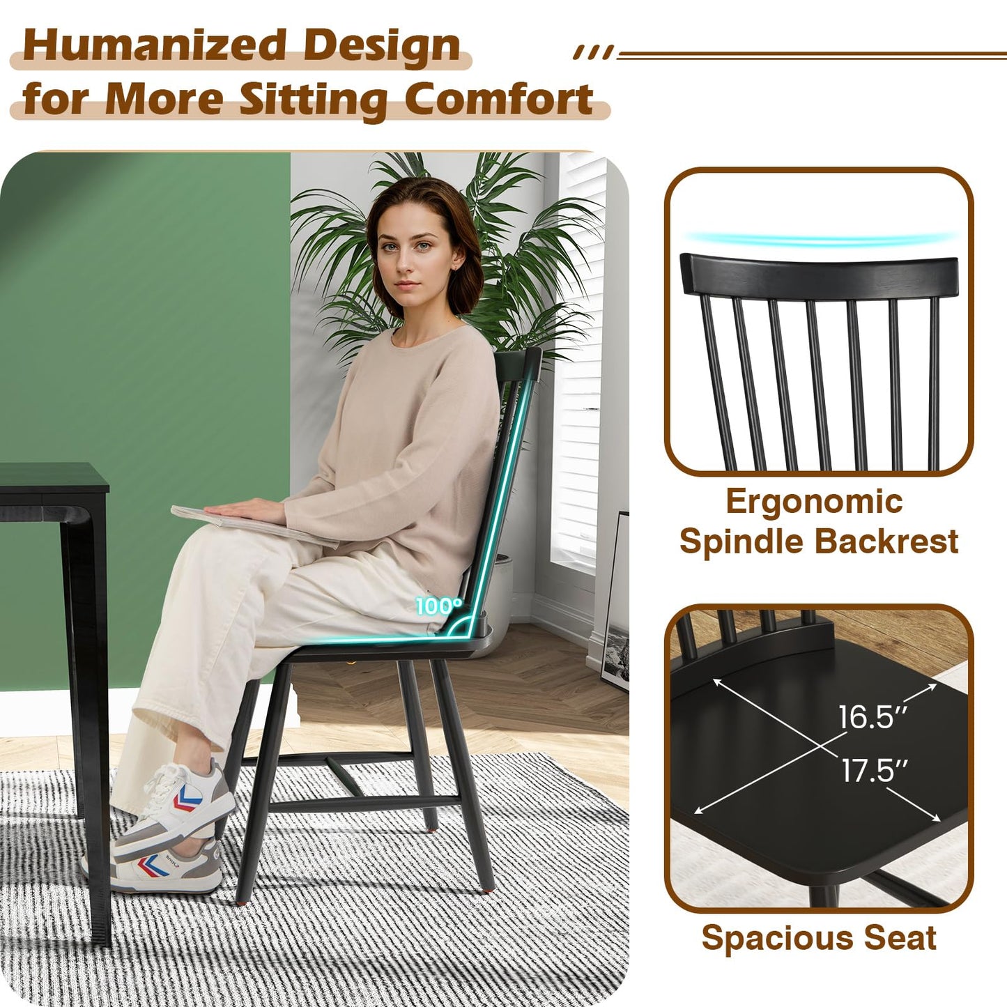 Windsor Dining Chair Set with Spindle Back Spacious Seat Rubber Wood Frame