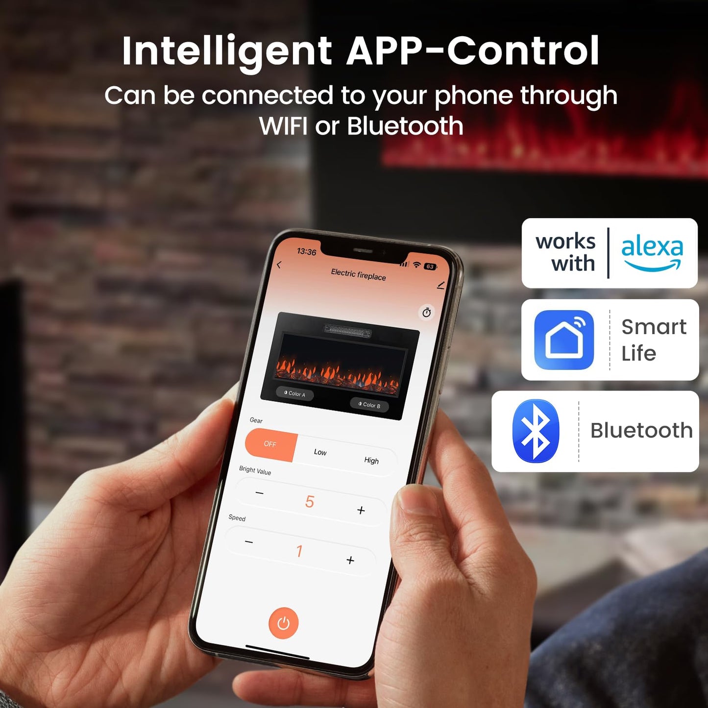 Ultra Thin Electric Fireplace 42 inch Wide with 12 Flame and Flame Bed Color