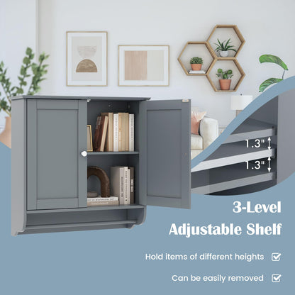 Bathroom Wall Cabinet Over The Toilet Storage Cabinet w/ 2 Doors Adjustable Shelf and Towel Bar