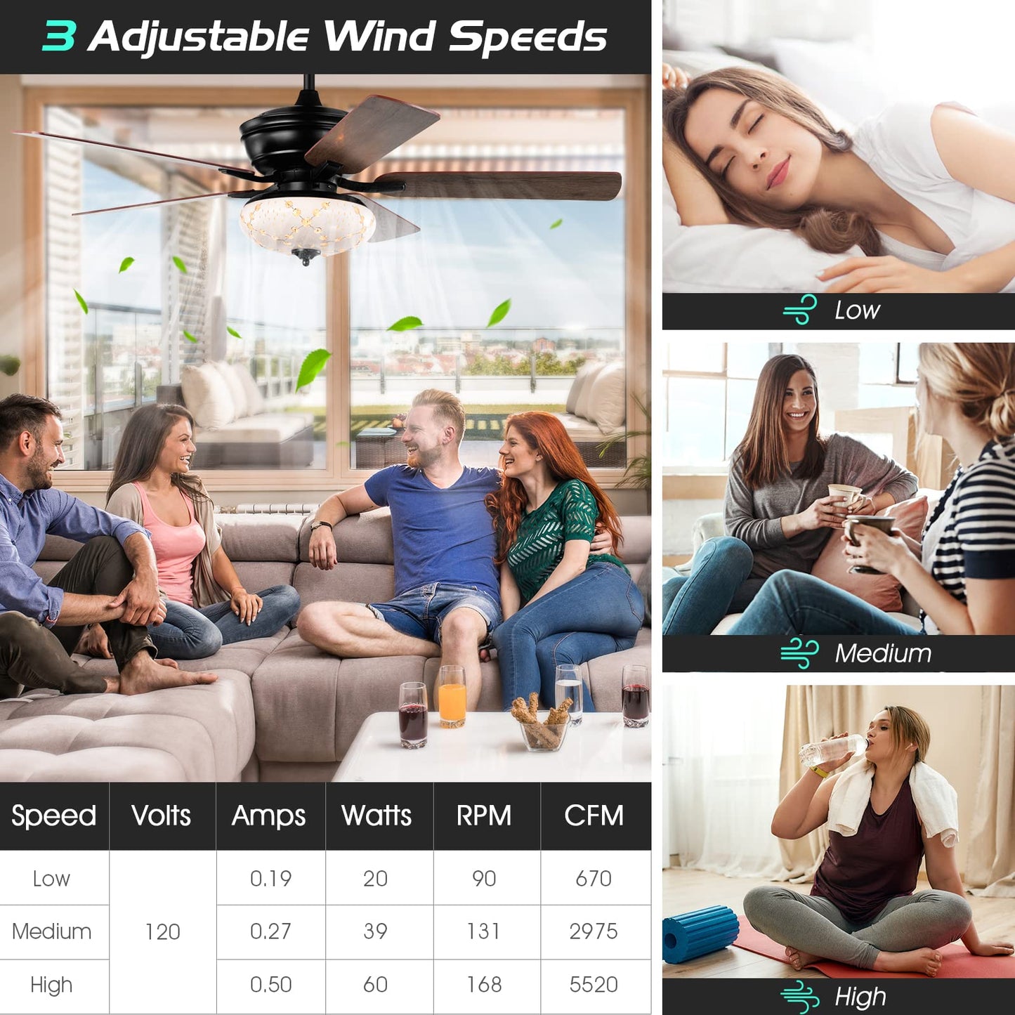 52-Inch Ceiling Fan with Remote Control, Crystal Ceiling Fan with 3 Wind Speeds and 5 Reversible Blades