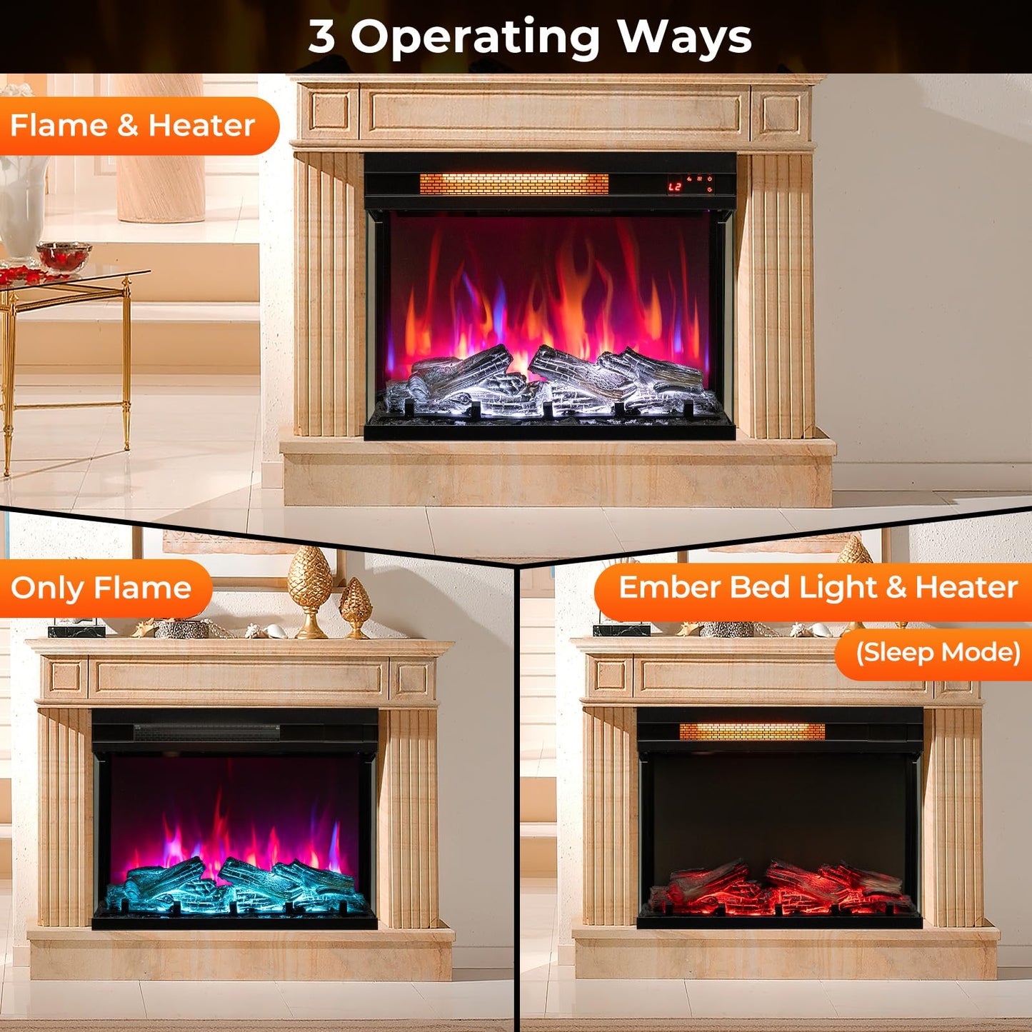 23 Inch 3-Sided Electric Fireplace 1500W Recessed Fireplace Insert w/ 7-Color Flame & Adjustable Brightness