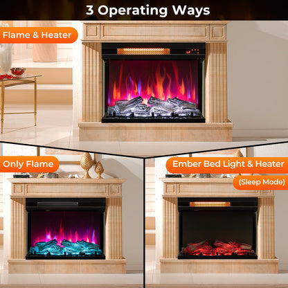 23 Inch 3-Sided Electric Fireplace 1500W Recessed Fireplace Insert w/ 7-Color Flame & Adjustable Brightness