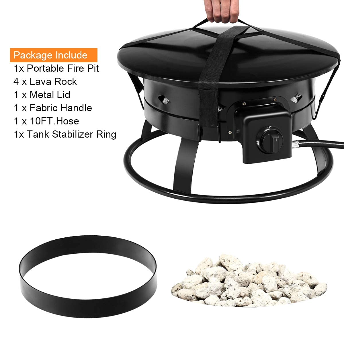Gas Fire Pit Outdoor Portable Propane Fire Bowl, ARLIME Gas Fire Pit Bowl 19"