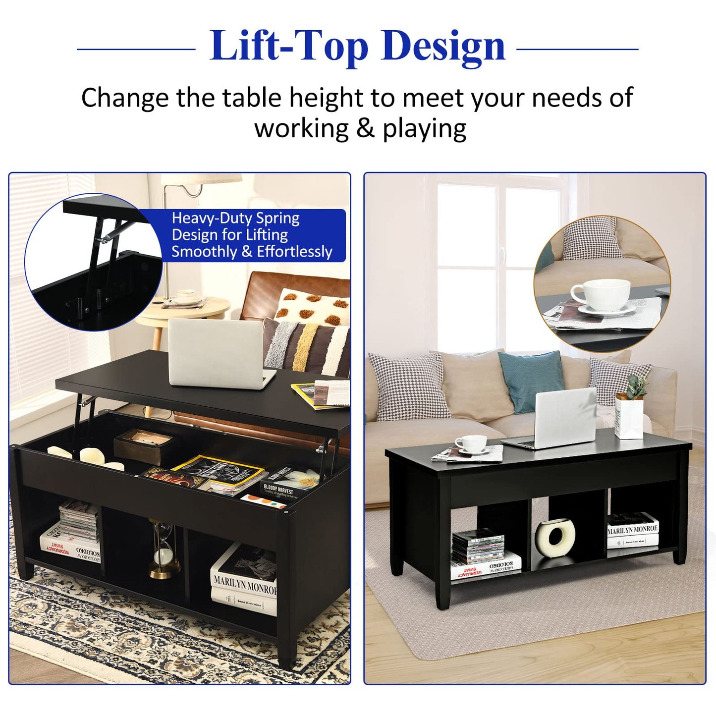 Lift Top Coffee Table with Hidden Storage Compartment & 3 Open Shelves