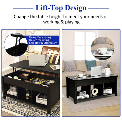 Lift Top Coffee Table with Hidden Storage Compartment & 3 Open Shelves