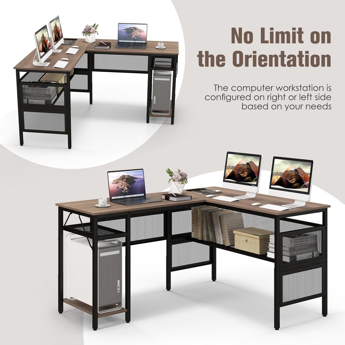 L Shaped Desk with Charging Station 55” Reversible Corner Computer Desk with Mesh Storage Shelves