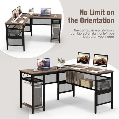 L Shaped Desk with Charging Station 55” Reversible Corner Computer Desk with Mesh Storage Shelves