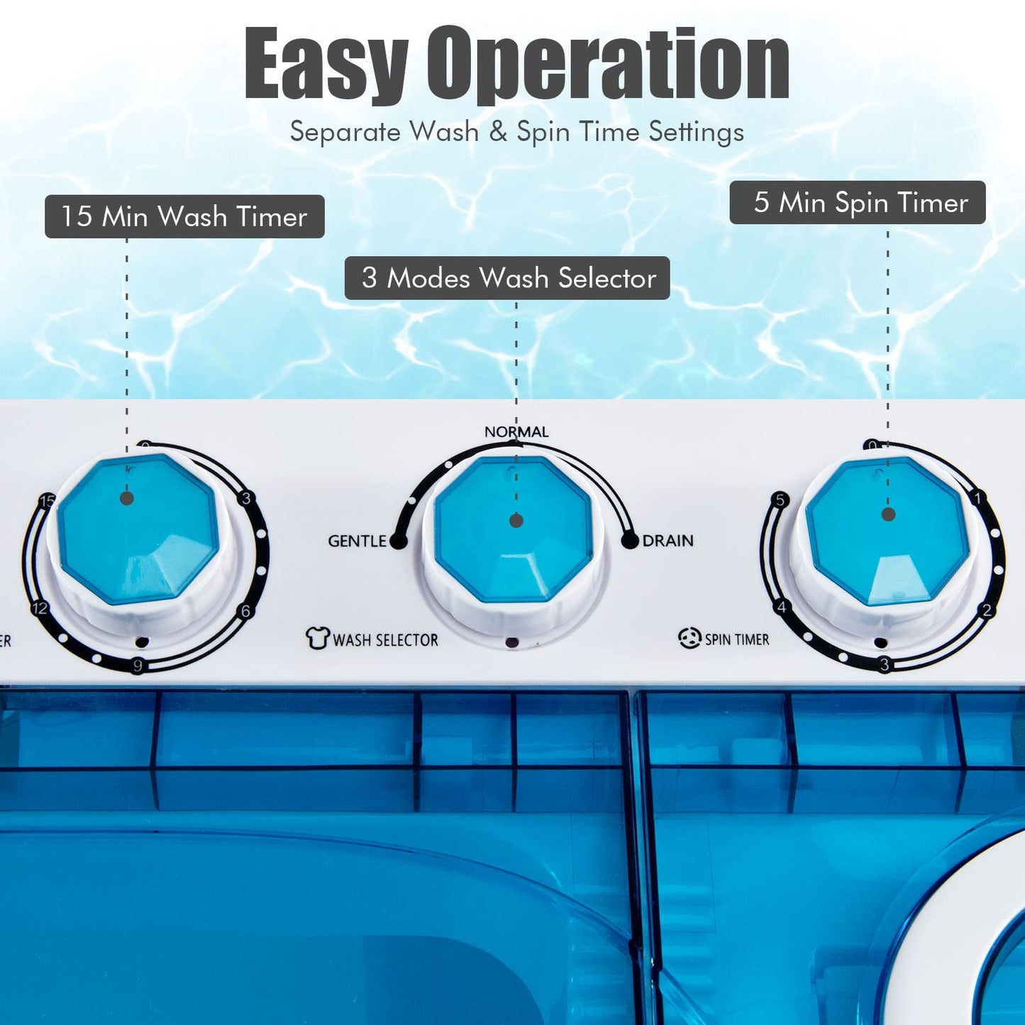 Portable Washing Machine 2 in 1 Twin Tub 26Lbs Capacity Washer(18Lbs) and Spinner(8Lbs) with Control Knobs