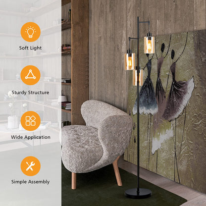 ARLIME 3 Lights Floor Lamp, Retro Floor Lamp with 3-Head Hanging Amber Glass Shade