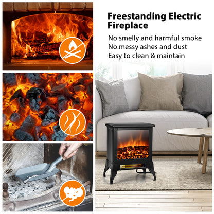 Electric Fireplace Heater Freestanding, 1400W Compact Fireplace Stove w/Realistic Flame Effect