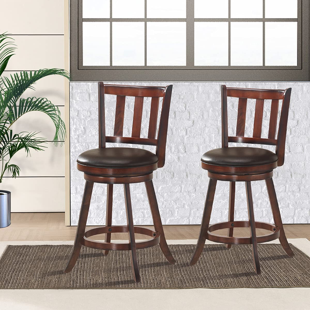 25 Inch Set of 2/4 Wood Swivel Counter Height Dining Pub Bar Stools with PVC Cushioned Seat