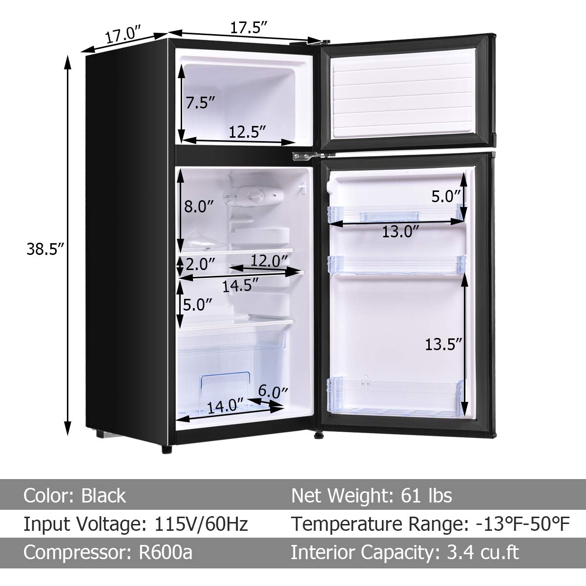 ARLIME Compact Refrigerator, 3.4 Cu. Ft. Classic Fridge with Adjustable Removable Glass Shelves