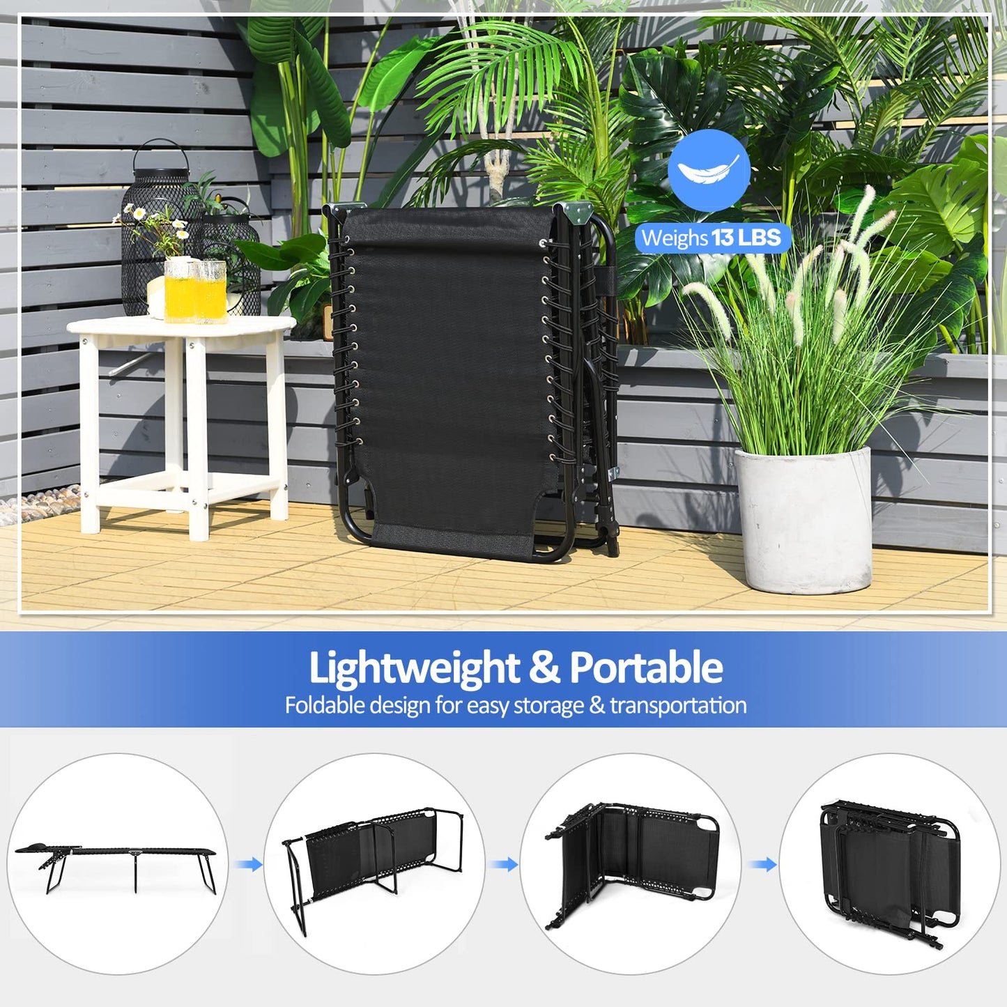 Folding Chaise Lounge Chair Foldable Pool Lounger with 4-Position Adjustable Backrest