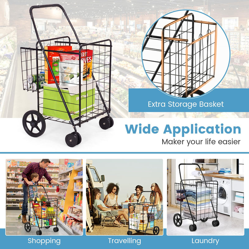 360° Swiveling Front Wheels Folding Shopping Cart Light Weight Utility Cart