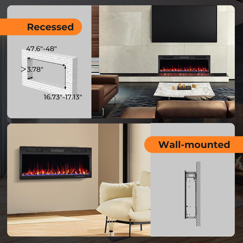 shopify1 50 Inch Electric Fireplace Recessed and Wall Mounted, 750W/1500W Electric Fireplace Heater with Remote
