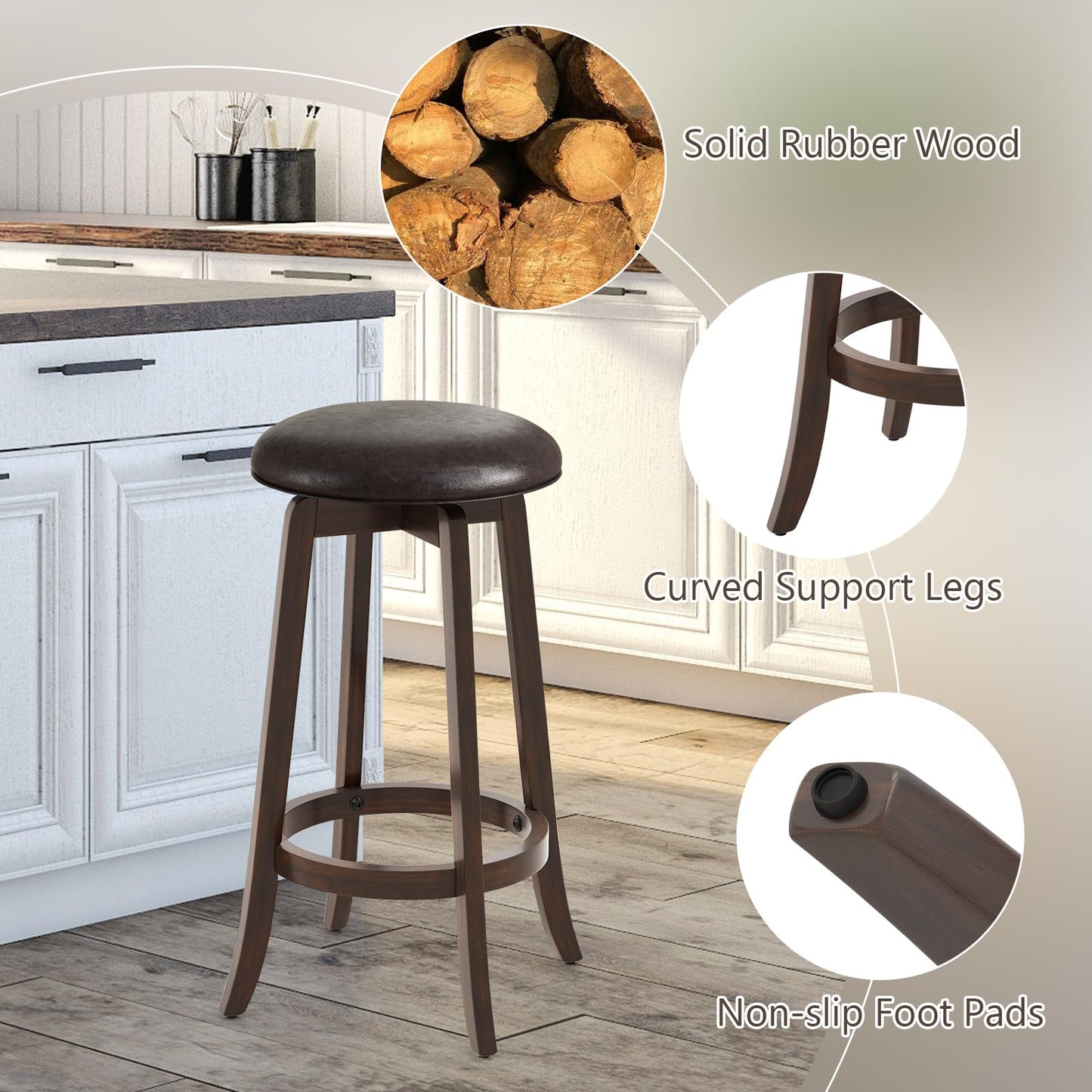 29-Inch Swivel Bar Stools Set of 2/4 Upholstered Barstools w/PU Leather Seat & Solid Rubber Wood Legs
