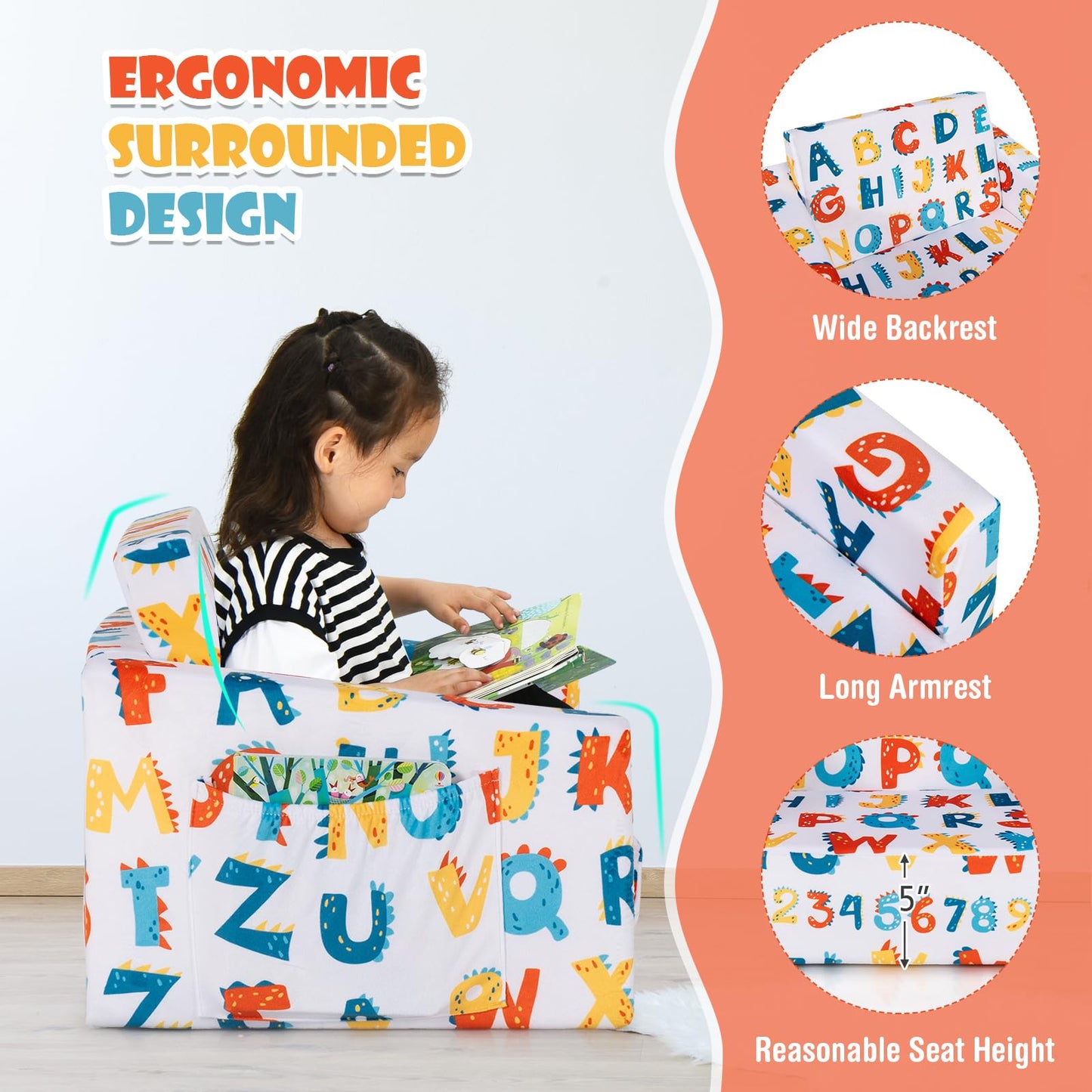 2-in-1 Convertible Sofa to Lounger for Children with Side Storage Pocket