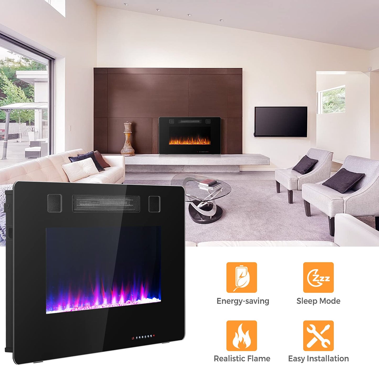 30-Inch Electric Fireplace, 750W/1500W Wall Recessed and Mounted Fireplace Insert with Remote Control