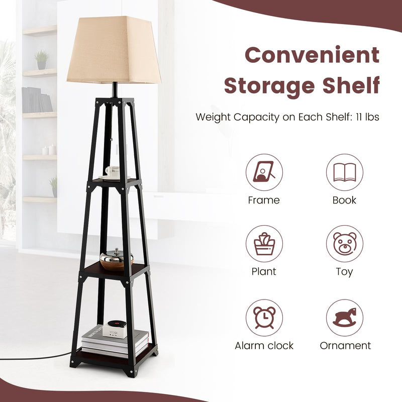 ARLIME Shelf Floor Lamp, Modern Wood Square Standing Lamp with 3 Tiers Shelves and Linen Shade
