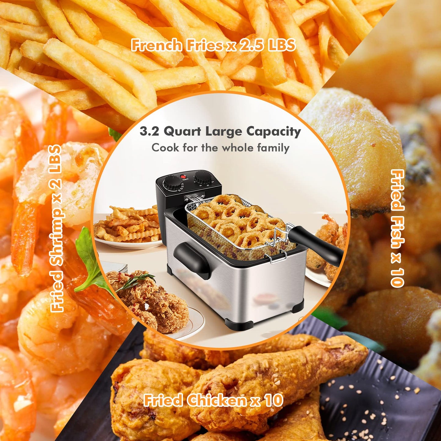 Deep Fryer with Basket, 3.2Qt Stainless Steel Electric Oil Fryer w/Adjustable Temperature, Timer
