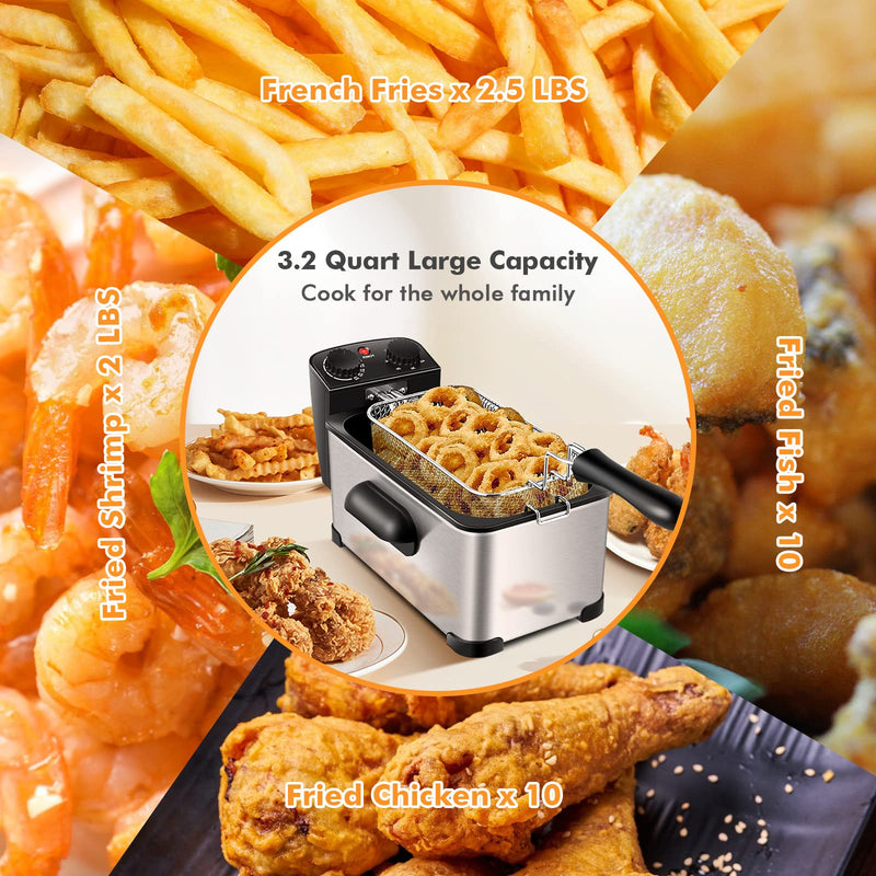 Deep Fryer with Basket, 3.2Qt Stainless Steel Electric Oil Fryer w/Adjustable Temperature, Timer