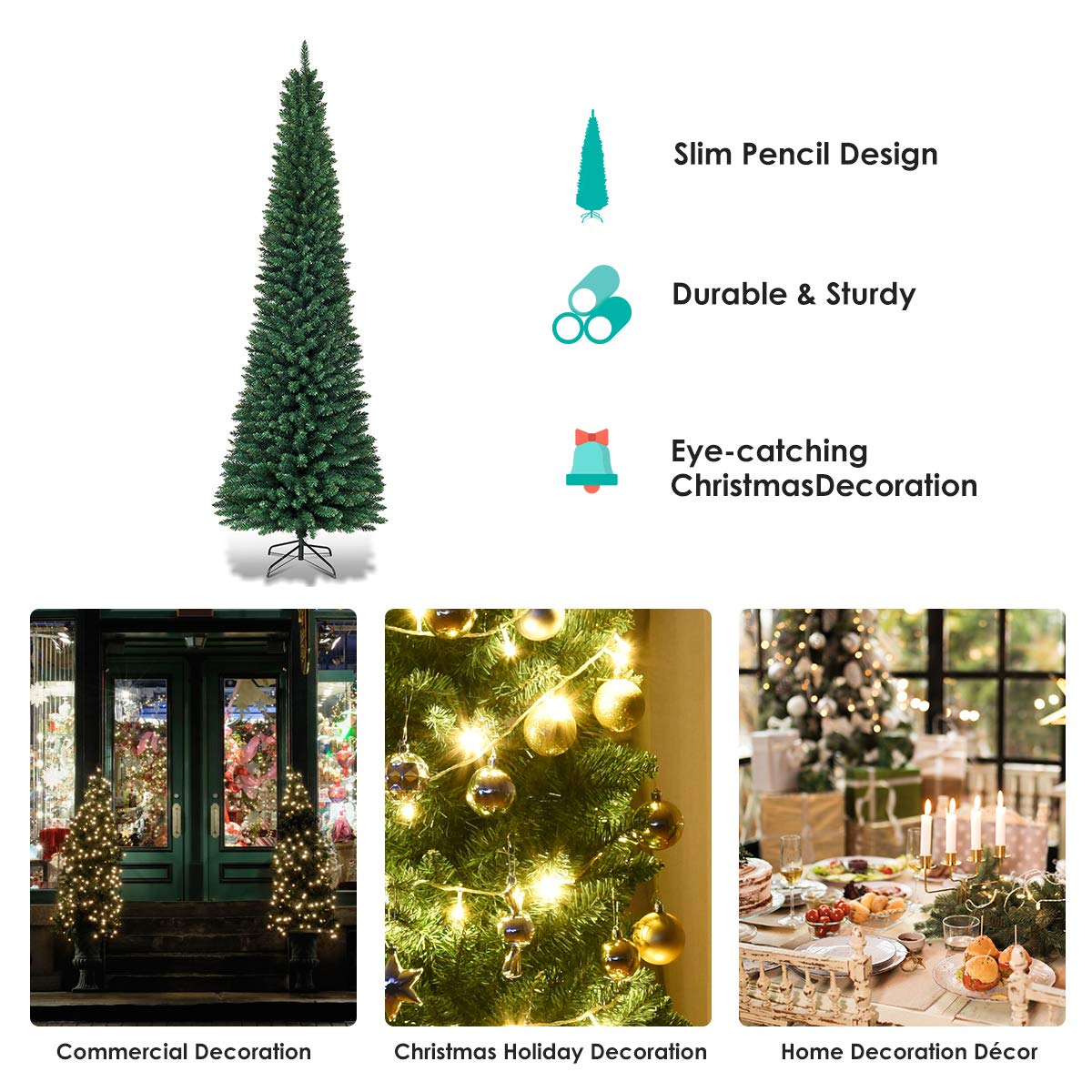 9FT Pencil Christmas Tree Slim Skinny Hinged Pine Tree with PVC Material