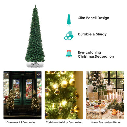 9FT Pencil Christmas Tree Slim Skinny Hinged Pine Tree with PVC Material