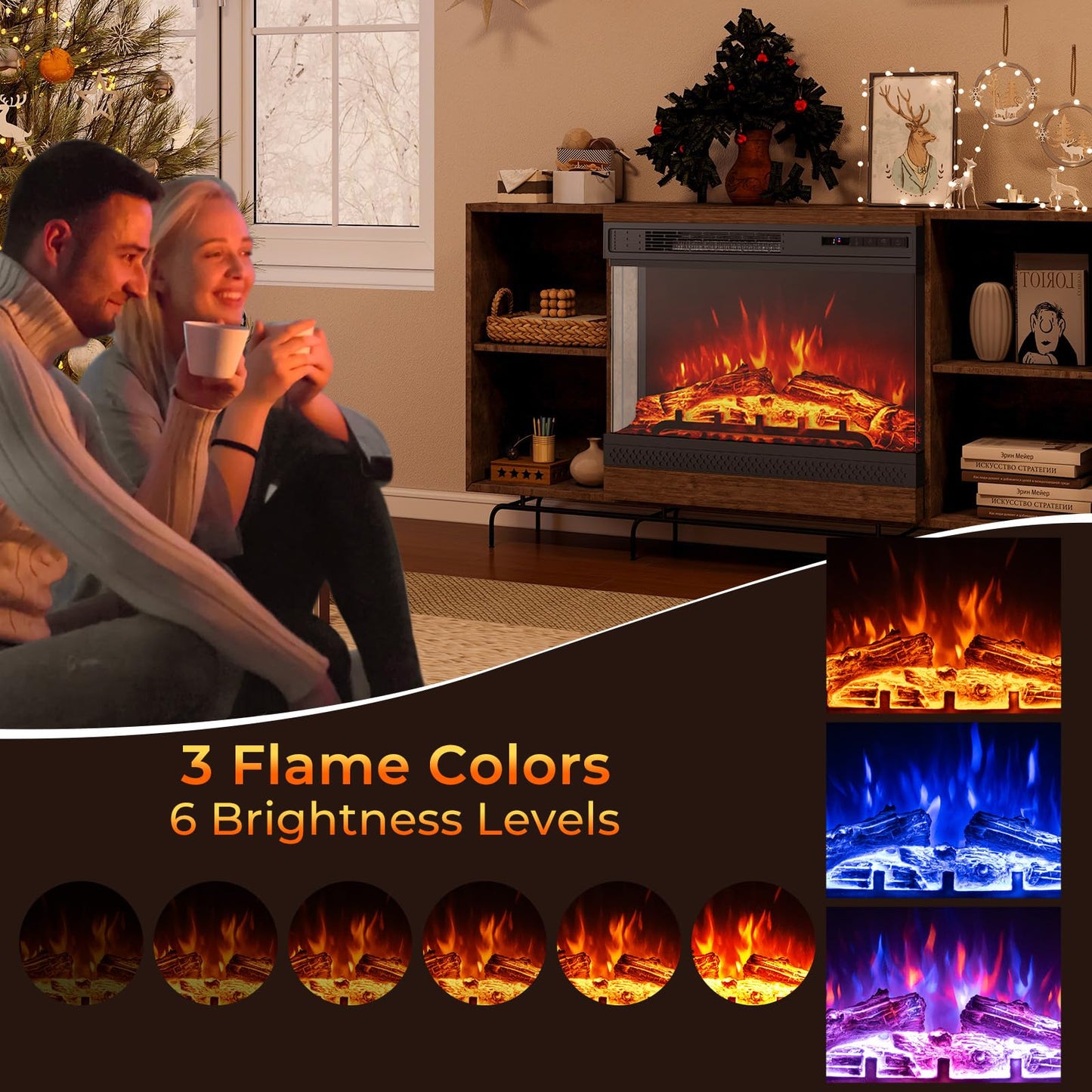 24 Inches 3-Sided Glass Electric Fireplace 750W/1500W Fireplace Heater with Remote Control
